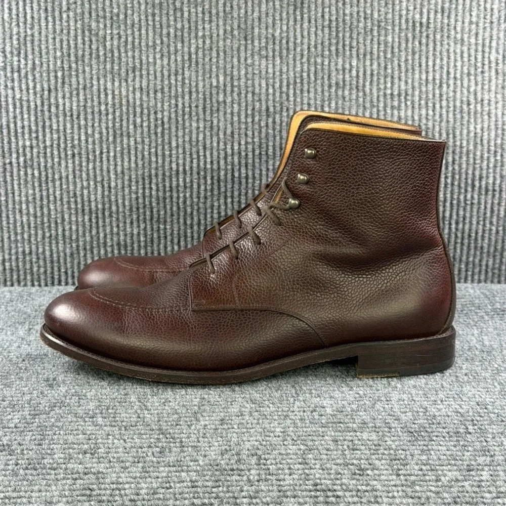 Octobre Editions Mens 45 Brown Pebble Grain Leather Lace Up Apron Toe Boots